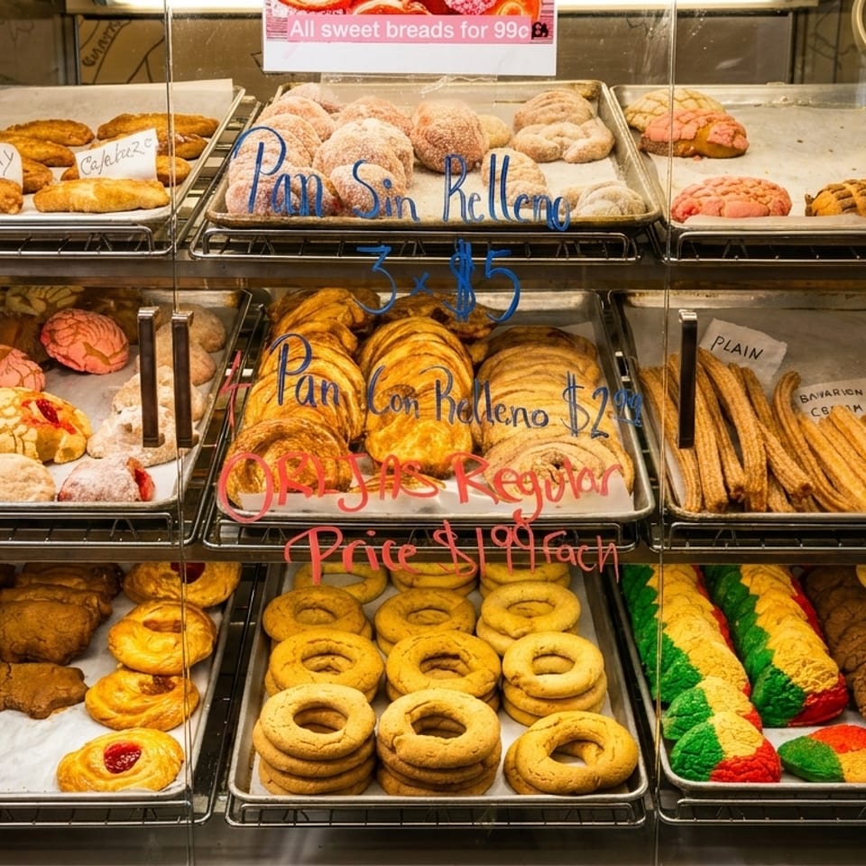 A bakery display case filled with various Mexican pastries, including conchas, churros, and sweet breads.