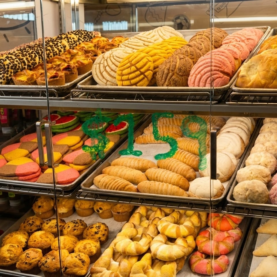 A glass display case filled with various colorful Mexican pastries, cookies, and muffins.