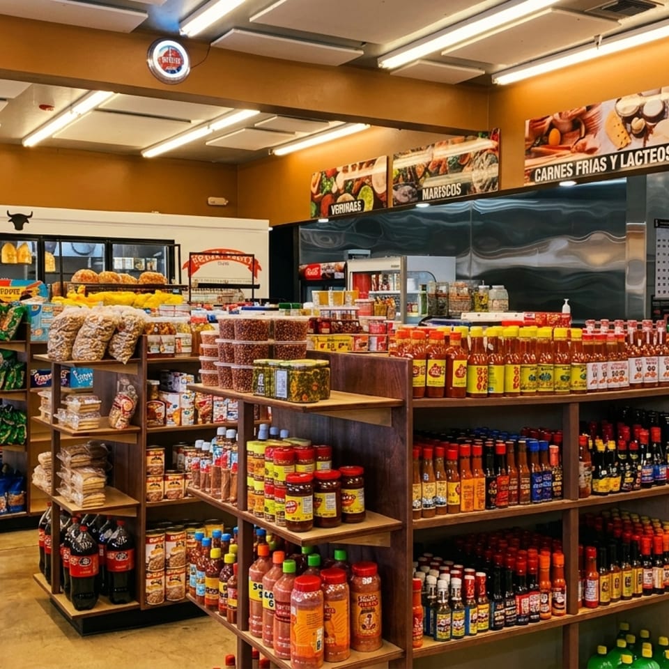 A well-stocked grocery store aisle with shelves full of various food products and beverages.