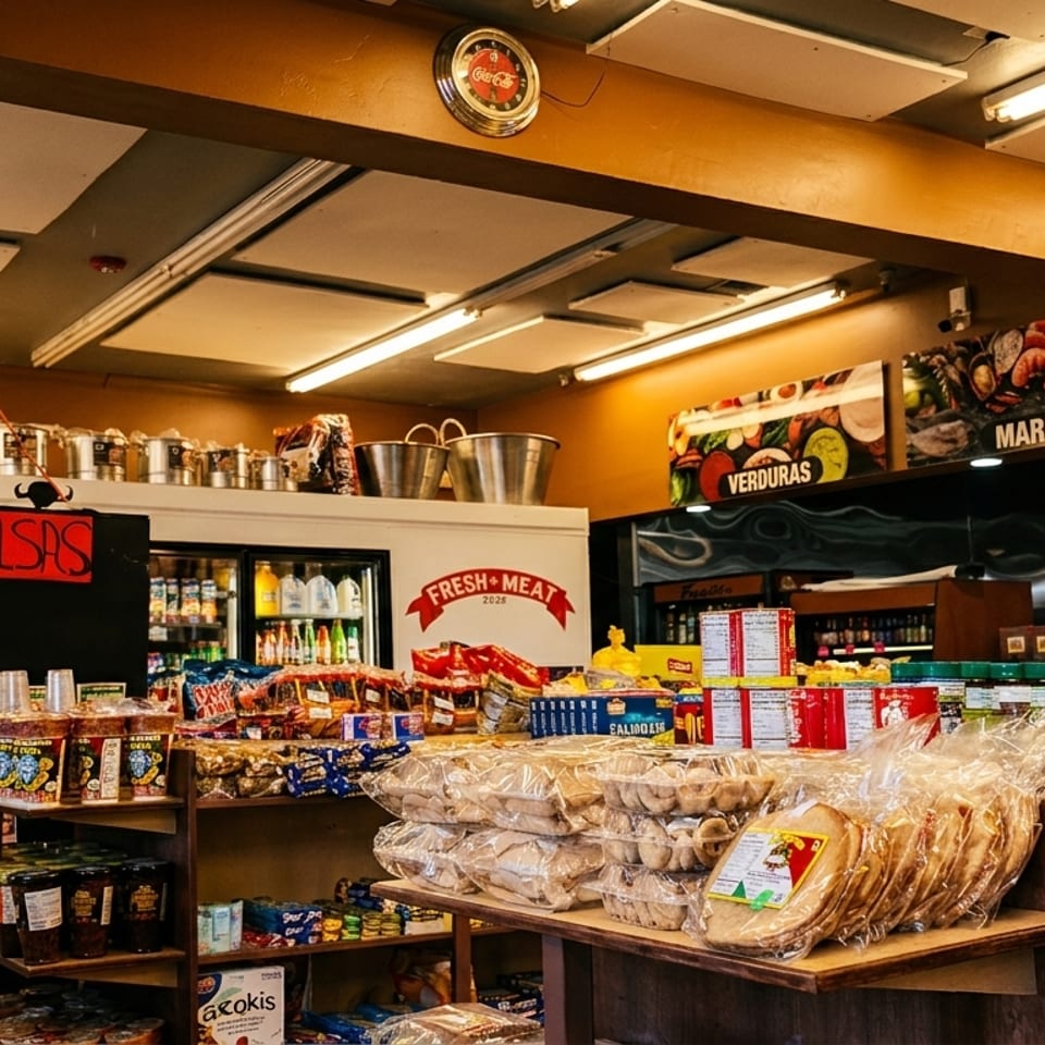 A bustling Mexican grocery store interior, with shelves stocked with various products and food items.