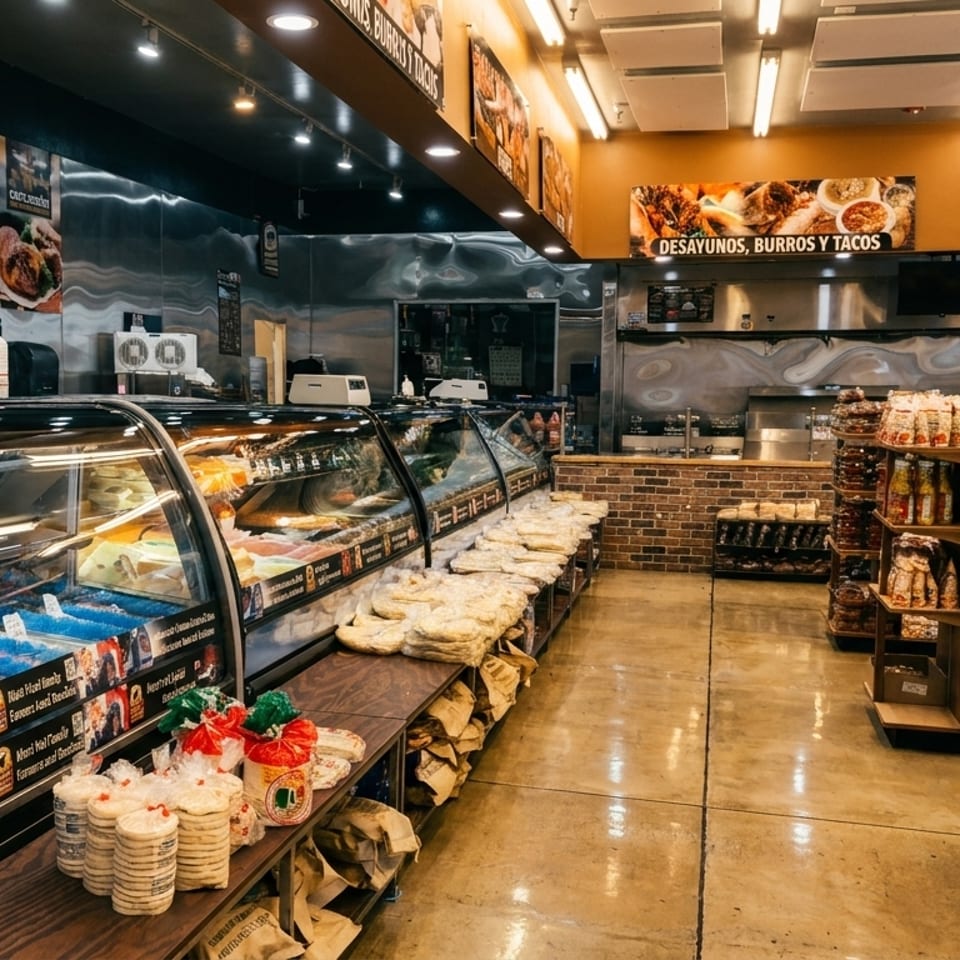 Interior of a Mexican grocery store with deli cases, packaged tortillas, and snack aisles.