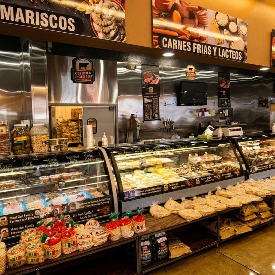 A brightly lit grocery store aisle with display cases of meats, cheeses, and baked goods.