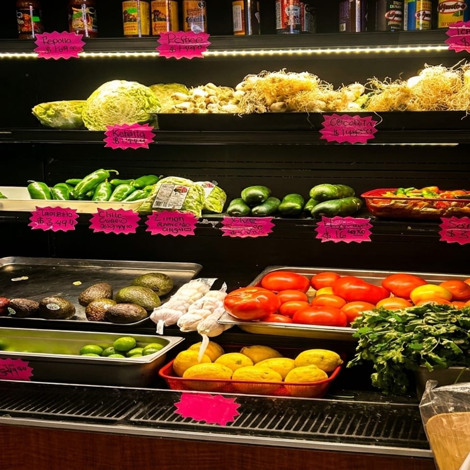 A refrigerated display case filled with fresh produce like cabbages, peppers, tomatoes, and avocados.