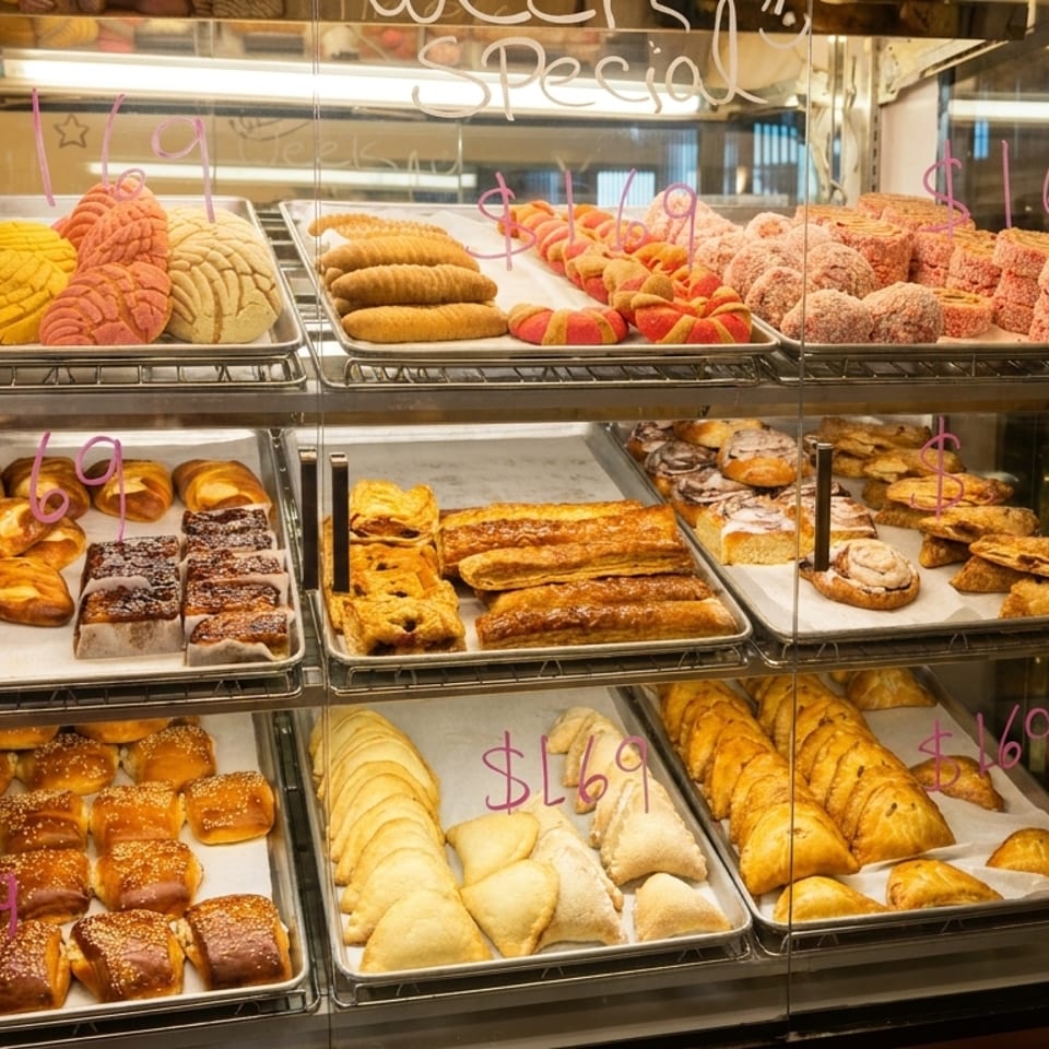A glass display case filled with various pastries, including conchas, empanadas, and cinnamon rolls.