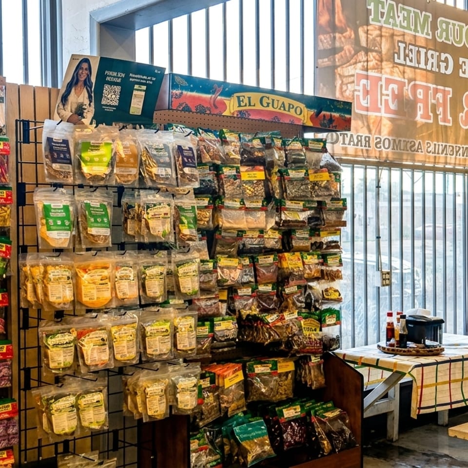A store interior with shelves of packaged snacks and spices, and tables with checkered cloths.
